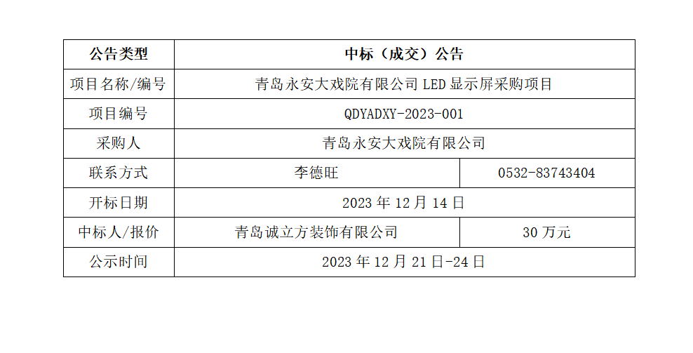 青岛演艺集团青岛永安大戏院有限公司LED显示屏采购项目中标公告